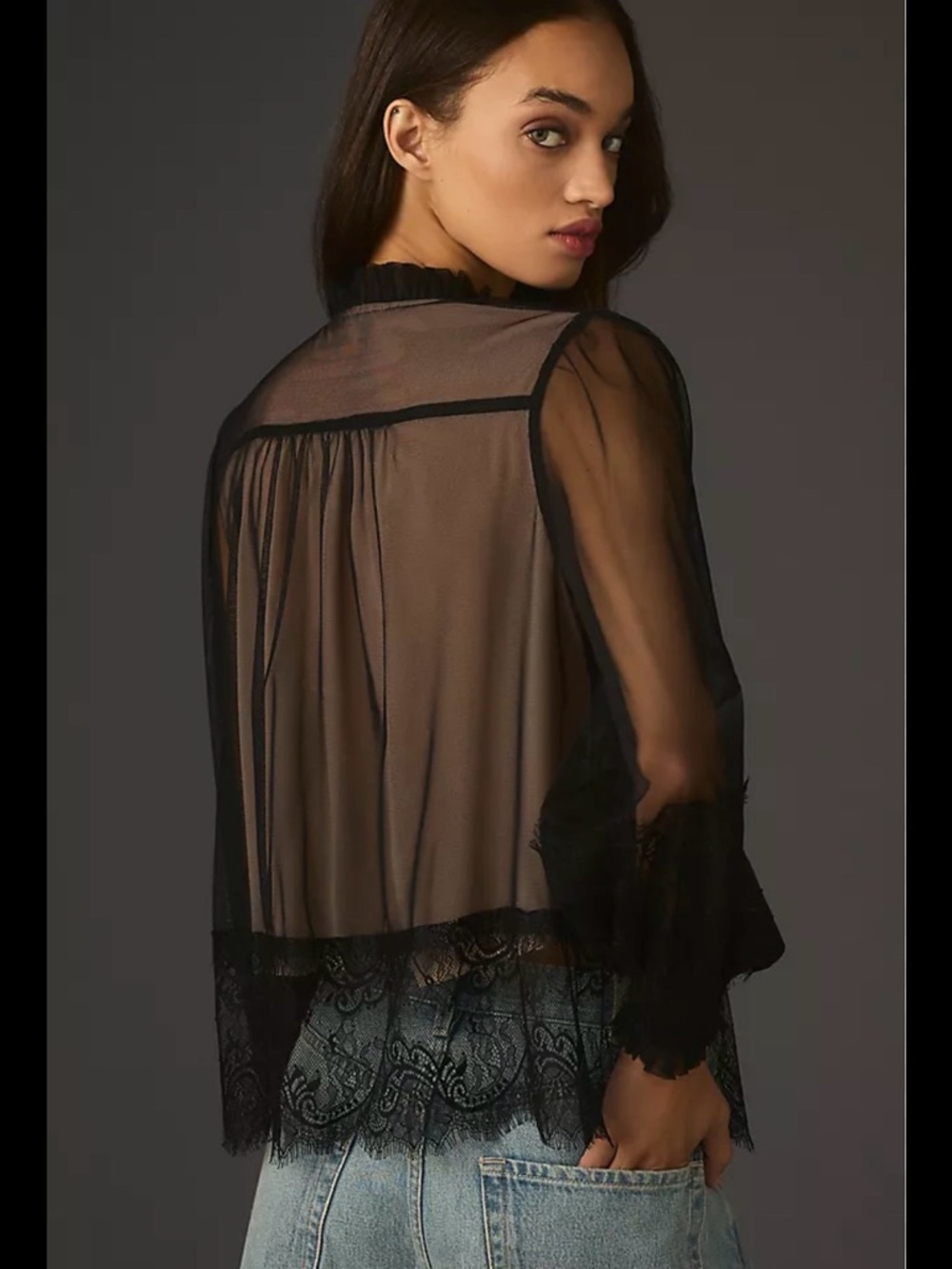 Sheer Black Lace-Trim Button Front Blouse - Women - Picture 2 of 5